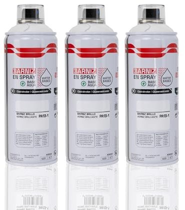 BESCH Pintura en Spray Base Agua 400ml – Ecológica, Sin Olor, para Madera, Plástico, Metal y Cartón – Cobertura Uniforme y Secado Rápido - Barniz Brillo, Pack de 3 unidades