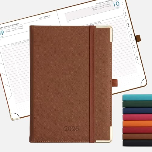 IN-LUXPRO Kalender 2026 Tagesplaner 21,5 x 15cm Tageskalender 1 Tag 1 Seite (Montag - Sonntag), Terminplaner(Jan.2026-Dez.2026) Buchkalender mit 80GSM Papier & Stiftschlaufe Vegan-Leder Braun