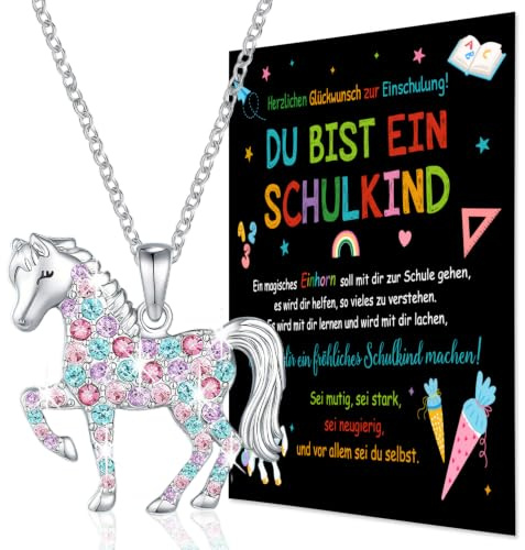 Augesak Einschulung Geschenk Mädchen, Einhorn Halskette Schulkind 2026, Schultüte Füllung Mädchen Schulanfang Geschenk, Einhorn Halskette mit Karte, Mädchen Glücksbringer Einschulungsgeschenke