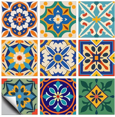 CHGCRAFT 36 Stück 9 Stil Farbenfrohe Muster Fliesenaufkleber Geometrische Einfache Formen Spanisch Wandfliesenaufkleber Wasserfest Selbstklebend für Küchen und Badezimmerwandkunst 10×10 cm