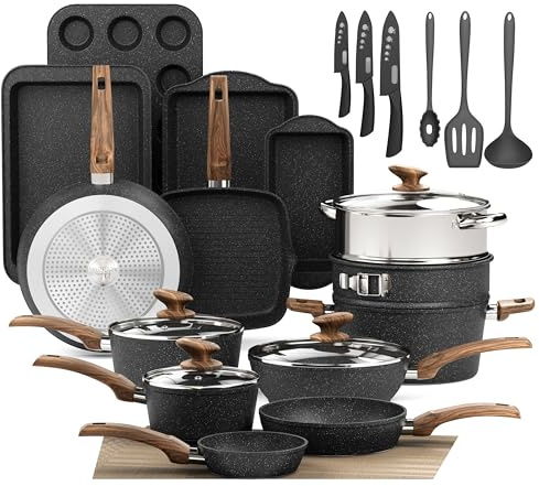 DishDelight 30pcs Bakeware and Cookware Set Pots and Pans Sets Non Stick Induction Hob Pan Set Granite Coated Cooking Saucepans Set(Black)