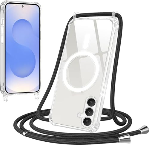 FMPCUON Magnética Funda con Cuerda para Samsung Galaxy S25 Compatible con MagSafe,Transparente Carcasa Suave Case Antichoque con Correa Colgante Ajustable Collar Correa de Cuello Cordón