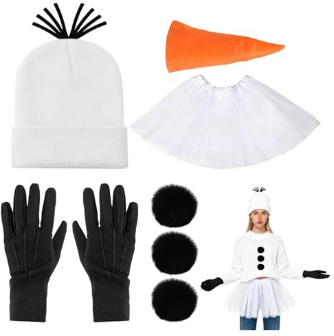 RAOPNHS Schneemann Kostüm, Weihnachtskostüm Damen, 7 Stück Set mit Tutu Rock, Mütze, Handschuhen, Karottennase und 3 Pompons, Lustiges Kostüm Weihnachten für Erwachsene Halloween Karneval