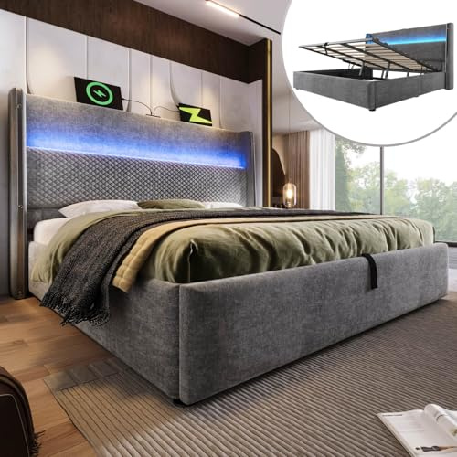 EURHCIO Lit Coffre 140x200cm,Lit Double avec Rangement,Tissu de Lin,Tête Haute de Capitonné,Sommier à Lattes,avec éclairage LED et Ports USB/Type-C,sans Matelas (Gris, 140)