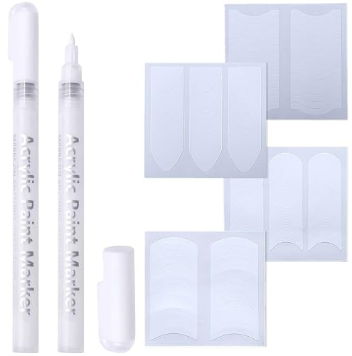 Acrylic Paint Marker, French Manicure Set with 2Pcs 0.7mm White Tip Pen, 139 Self-Adhesive French Tip Stickers & French Tip Stamp, DIY Nail Art Tool for Women Home Manicure
