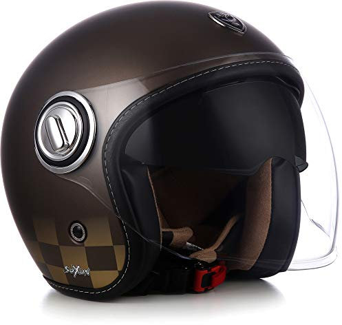 SOXON® SP-888 „Bronze“ · Jet-Helm · Motorrad-Helm Roller-Helm Scooter-Helm Moped Mofa-Helm Chopper Retro Vespa Vintage Pilot · ECE 22.05 Sonnenvisier Schnellverschluss SlimShell Tasche L (59-60cm)