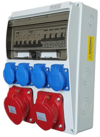 RoadEu Stromverteiler 16A 5P, 32A 5P Dosen, 4x 230V Schuko Steckdosen, mit Leitungsschutzschaltern, Baustromverteiler IP44, Kunststoff