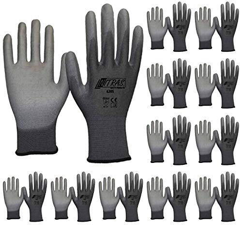 Nitras 6205 Nylon Strickhandschuh grau - VPE 12 Paar - mit PU-Beschichtung auf Innenhand und Fingerkuppen, Größe:6