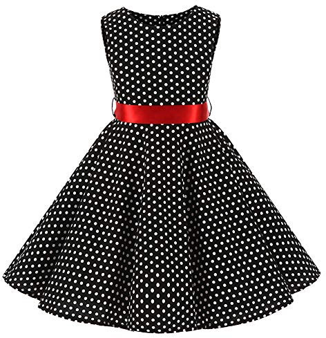 SXSHUN Robe Fille Enfant de Bal Polka Vintage pin-up à 'Audrey Hepburn' 50's 60's Rockabilly Halter Robe Fille Enfant de soirée Cocktail sans Manches, Points Noirs et Blancs, 11-12 Ans