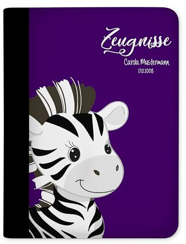 CreaDesign, Kinder Zeugnismappe personalisiert mit Namen, Zeugnis Mappe Zebra Lila, DIN A4, 26,7 x 32,7 x 1 cm, Rücken schwarz