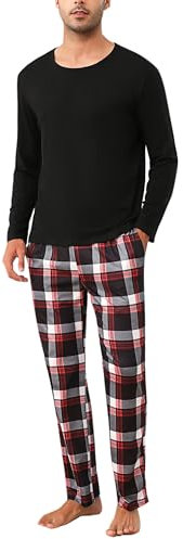Uniexcosm Pyjama Homme Coton Long Hiver Carreaux Col Ronde Manches Longues Ensemble de Nuit avec Poches Latérales B-Noir Foncé L