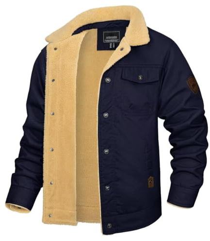 KEFITEVD Winterjacke Herren Baumwolle Sherpa Thicken Fleece Trucker Jacken | Baumwolle, Sherpa Gefüttert, Warm, 5 Taschen (2 Klappen, 2 Reißverschluss, 1 innen), Knopfleiste, Für Arbeit und Freizeit