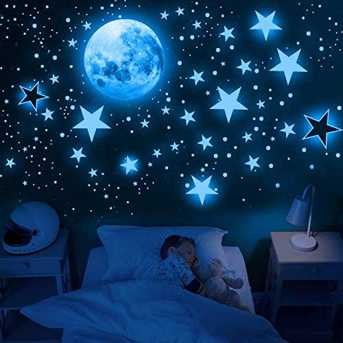 Tarklanda 1109 Stück Leuchtsterne Selbstklebend Leuchtstern Wandsticker, Sterne & Mond Wandtattoo Kinderzimmer Jungen Mädchen, Sternenhimmel Aufkleber Schlafzimmer Deko (Blau)