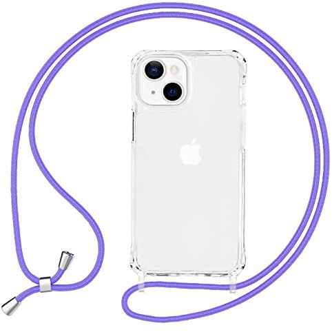 NALIA Klares Hybrid Case mit Kette kompatibel mit iPhone 13 Mini Hülle, Transparent Anti-Gelb Robust Verstärkte Ecken Hardcase & Silikon Rahmen, Stoßfeste Schutzhülle & Handy-Schnur, Farbe:Lila