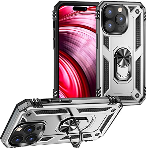 NALIA Panzerhülle für iPhone 14 Pro Max - Ring-Ständer 360° & Magnet-Halterung Kompatibel - RINGDEFEND (Stoßfestes Outdoor Case) - Marke aus Berlin, Farbe:Silber