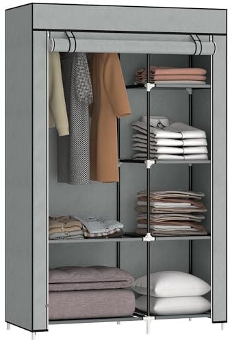 HOMCOM Armadio Portatile in Tessuto non Tessuto, Acciaio e PP, Armadio Guardaroba Salvaspazio con 6 Ripiani Aperti, 1 Appendino e Porta a Cerniera, 103x43x162.5 cm, Grigio Chiaro