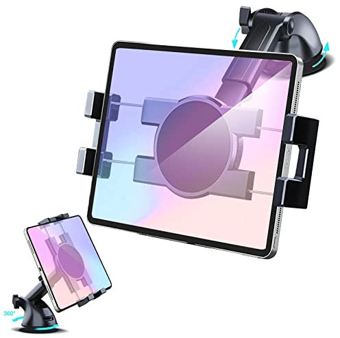 Support de tablette pour tableau de bord et pare-brise de voiture, rotation à 360°, ventouse pour tableau de bord, support de téléphone pour iPad Pro 12,9/11/10,5/Air/Mini 6/5/4, Samsung Galaxy Tab,