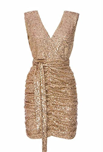 Swing Fashion Women's Sparkle Minikleid Damen | Elegantes Festliches Partykleid | Abendkleid | Hochzeitskleider | Kleid mit Pailletten | Kurzkleid | Glitzerkleid | Ärmellos | Gold | 38 (M)