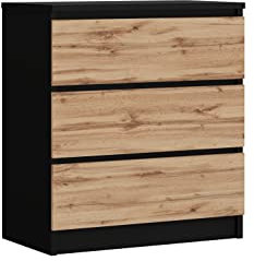 3E 3xE living.com Komodenschrank mit 3 Schubladen, Farbe: Schwarz/Wotan Eiche, A: 70 x 78 x 39 cm