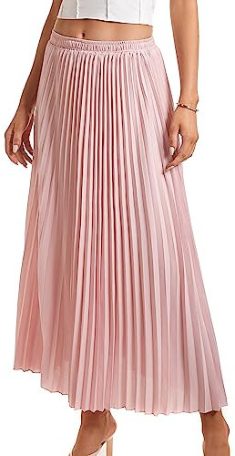 TEERFU Elastischer Damenrock, hohe Taille, fließender Faltenrock, Chiffon, Swing, A-Linie, Strand, Maxirock, rose, 40