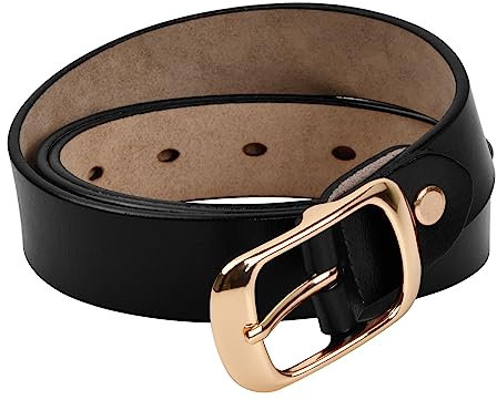 Hoxfly Damen Ledergürtel, Damen Echt Leder Belt, Ledergürtel Gelocht, Damen-Gürtel mit Schnalle, Damen Mädchen Casual Ledergürtel für Jeans Hosen Kleider Mode (Goldene Schnalle-Schwarzer Ledergürtel)