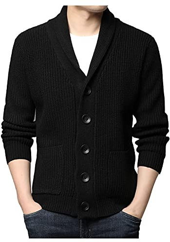 QWUVEDS Herren Herbst- und Winter-Langarm-Pulli Strickdigan Sweatshirt-Mantel Bluse Schaffell Mantel Herren Herren Strickjacke Mit Knöpfen Herrenpullover Langarm (Black, XXL)