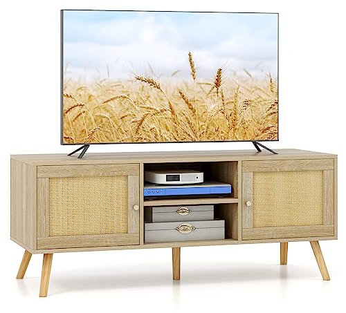 COSTWAY Mesa de TV Boho, Mesa para TV 55 Pulgadas, Mesa Consola Multimedia de Ratán PE con 2 Armarios y Estantes Abiertos, 5 Patas de Madera, Mueble TV Salón para Salón, Natural