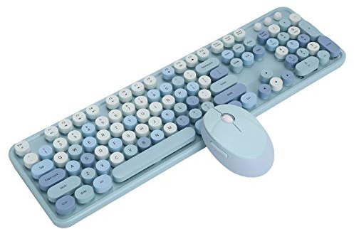 Lyrlody Wireless Office Desktop Keyboard and Mouse Set, 104 Key, Mechanical Feel, Retro Typewriter Style, USB Connection, Blue Mixed Colour