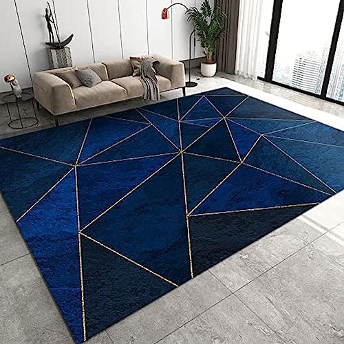 Teppiche Wohnzimmer Modern Teppiche Wohnzimmer Kurzflor Teppich Modern Design Rechteck Für Wohnzimmer Esszimmer Kinderzimmer Schlafzimmer Dunkelblaue Geometrische Helle Luxuriöse Goldene Linien 160 X