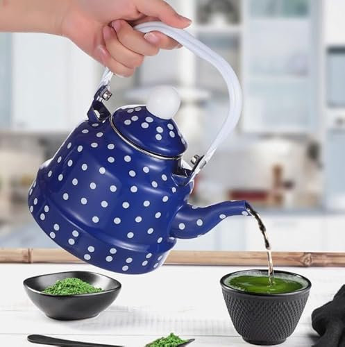 Tetera de Lunares Blancos con Asa y Tapa de Esmalte Hervidor de agua Tetera Inducción con Filtro Integrado y asa Modelo Grabado con Diseño Clásico 1.1.litro Estufa Estufa Tetera Porcelana Esmaltada