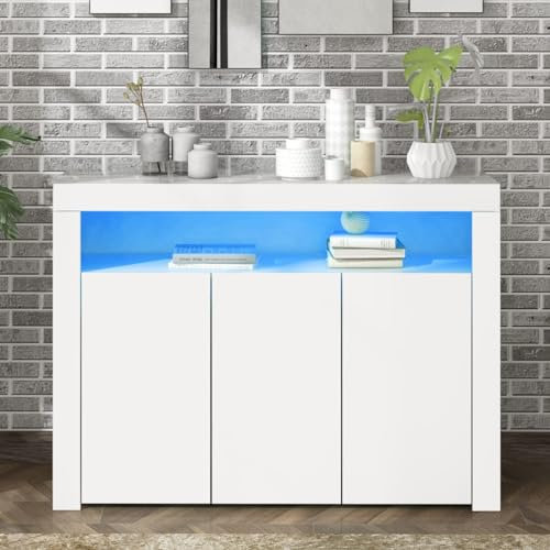 KOMHTOM Buffet LED blanc moderne, armoire de rangement avec trois portes d'armoire et un compartiment de rangement ouvert, armoire polyvalente pour salon, chambre à coucher, salle à manger (C)