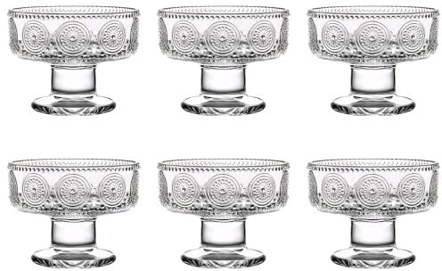 binsakao Glass Ice Cream Bowl Set of 6, Small Clear Mini Footed Dessert Cups for Fruit Pudding Trifle Parfait Sundae Nuts Cocktail Drinks Party (6.3 oz, Vintage Gerbera)
