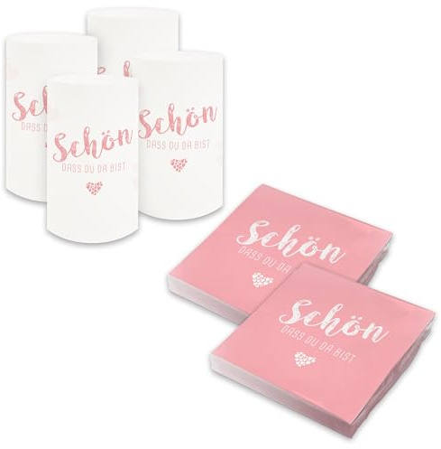 itenga Tischdeko Set - Servietten Schön dass du da bist 30 x 30cm 3-lagig 40 Stück und 6 Windlichter für Kommunion Konfirmation Hochzeit Taufe und andere Feiern (rosa)