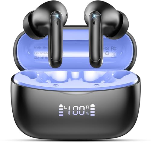 WeurGhy Bluetooth Kopfhörer, Kopfhörer Kabellos Bluetooth 5.3 in Ear Kopfhörer mit 4 ENC Noise Cancelling Mic, 56H HiFi Stereo Tiefbass Spielzeit, IP7 Wasserdicht Ohrhörer LED Anzeige, Schwarz Blau
