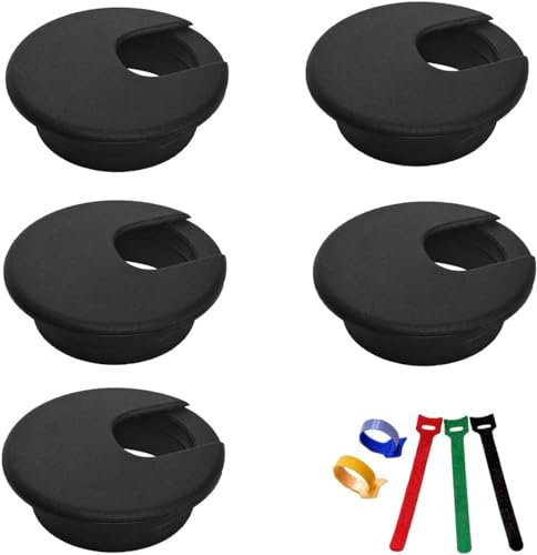 AUSYIWI Desk Grommet,Desk Cable Hole&50mm Hole Saw,5PCs Cable Outlet Round Table Grommet (Black)