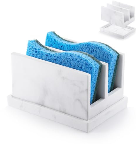 Luxspire Porta Esponjas de Cocina para Fregadero, Porta Esponjas de Resina con 2 Compartimentos, Porta Esponjas para Fregadero de Cocina, Porta Esponjas con Bandeja para Escurrir, Grava Blanca