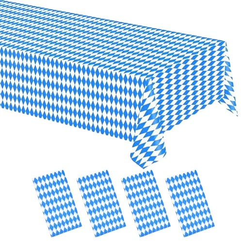 MEGYAD 4 Stück Oktoberfest Tischdecke: 137 x 274 cm Blau Weiß Bayrisch Raute Dekorative Tischdecke, Dekorative Einweg-Tischdecken für das Oktoberfest für Bierzelten Haushalt Catering Oktoberfest