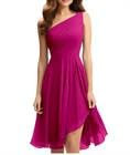 WSEYU Vestidos cortos de dama de honor, de gasa, con un hombro, plisados, vestidos de boda, fucsia, 46