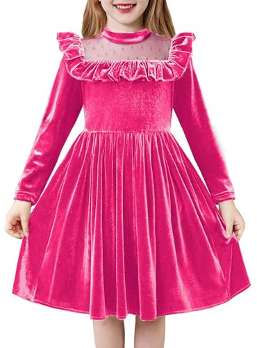 Arshiner Filles Robe en Velours Enfant en Bas Âge Robe à Manches Longues Robes de Loisirs Festifs pour bébé Filles Robe Costume Rose Rouge 110