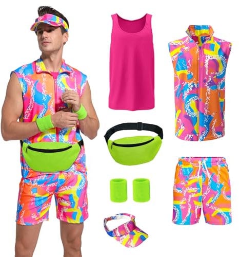 OPAEHJF 80er Jahre Workout Kostüme für Herren, 80er Jahre Outfit Herren Set,mit Bauchtasche, Sonnenblenden Hut, Handgelenkbänder, für Halloween Karneval Cosplay kleidung (L)