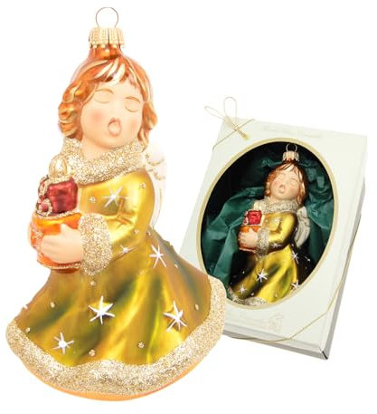 Krebs Glas Lauscha - Weihnachtsdekoration/Christbaumschmuck aus Glas - Singender Engel mit Geschenken - Größe: 11 cm - Made in Germany