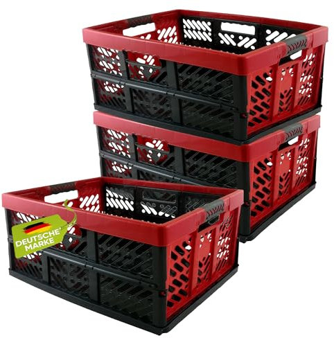 homesti Klappbox 45 L bis 50 kg, 3er Set, 54 x 36 x 28 cm, Einkaufskorb in Rot Anthrazit, stabil, faltbar, Soft-Touch Griffe, lebensmittelecht, pflegeleicht