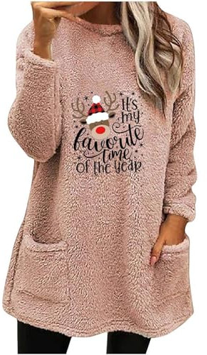 Générique Pull Tunique Grande Taille Motif Chat Chemise Noel Rouge Tenue De Noel Robe Longue T-Shirt Manches Longues pour Femme