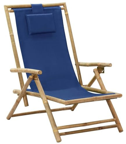 Somanki Verstellbarer Relaxstuhl Marineblau Bambus und Stoff, Gartensessel, Campingstuhl, Terassenstühle, Gartenmöbel, Balkon Stühle, Balkonstuhl, Hochlehner, Stühle Für Draußen - 313025