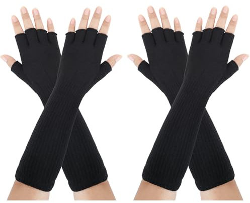 Kiiwah 2 Paar Lange Fingerlose Handschuhe Unisex Lange Stricken Armstulpen Halbfinger Handschuhe für Männer Frauen Winter Herbst(Schwarz)
