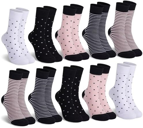 Mowenti socken damen 39-42 sportsocken strümpfe socks Damensocken bunte schwarz Streifen Punkte baumwollsocken 10 Paar 1x Weiß 2x Pink 2x Schwarz