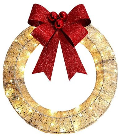 Lighted Christmas Wreath Metal Pre-Lit Christmas Wreath Outdoor Christmas Wreath with Lights Bow Ribbon Large Christmas Wreath for Front Door Decorations Home Garden Outdoor Decor