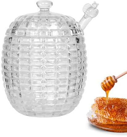 Glass Honey Jar with Dipper and Lid, 220ml Honey Dispenser Glass Jar Container, Reusable Honey Pot Container, Crystal Clear Glass Honey Jar Honey Bee Pot, for Home Kitchen Storing Honey Syrup