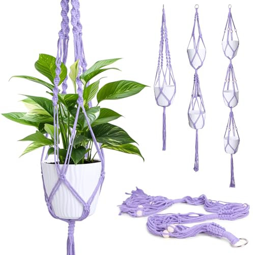 XXXFLOWER 3 Pack Macrame Plant Hanger Hanging Plant Pots Indoor Hanging Baskets Cotton Rope Hanging Flower Pots Plant Holder with Beads Boho Balcony Home Ceilings Decor Purple