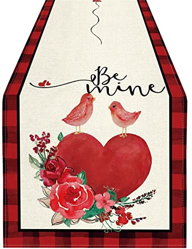 Tischläufer mit Herz zum Valentinstag 180 cm lang Frühlingsblumen Vögel Be Mine Tischläufer Leinen Tischdeko Esszimmer Geschenk für Ihn Girlfriend Gift Valentine Day Decorations